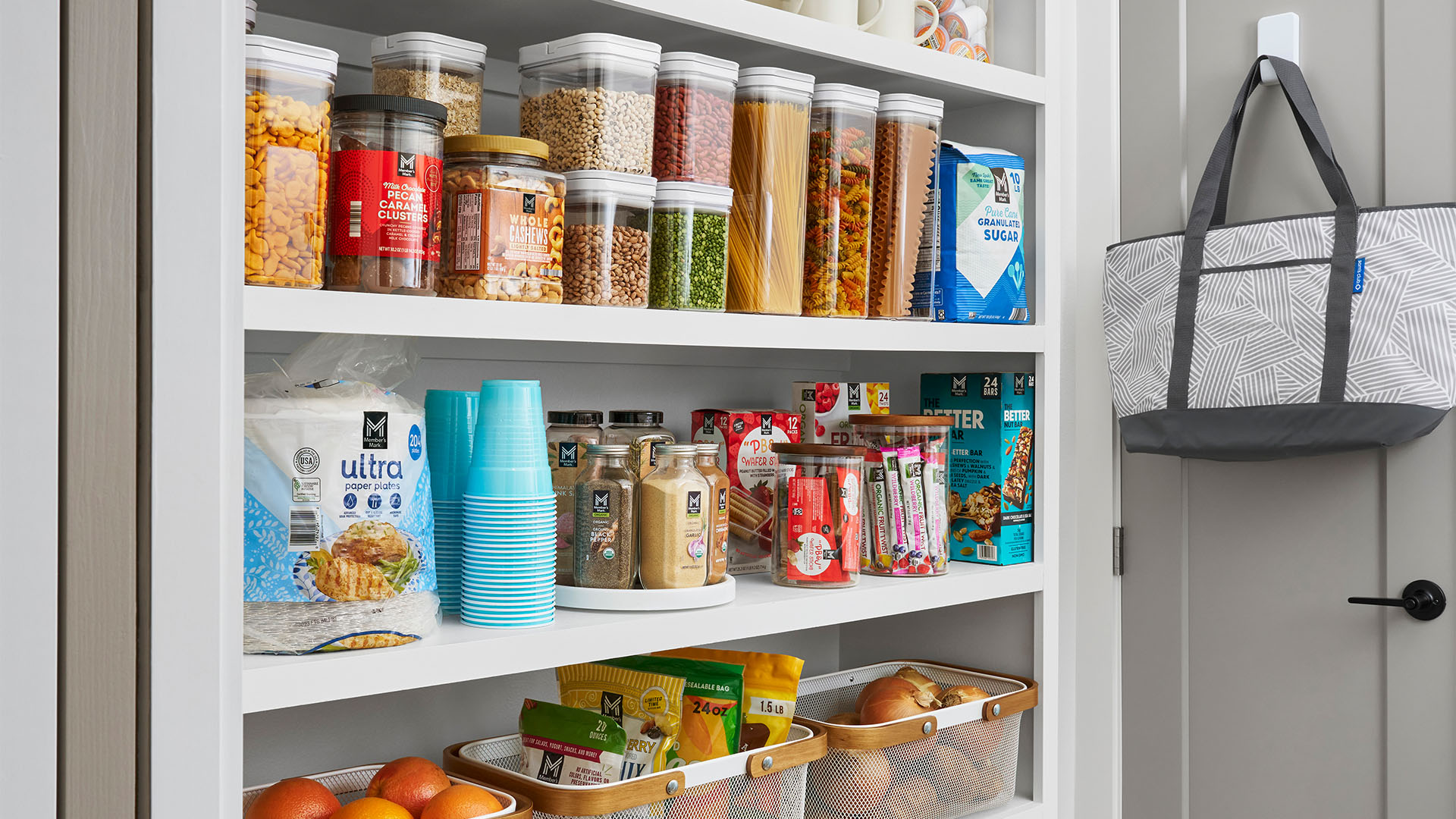 A pantry shelf full of raw ingredients, many labeled members mark. 