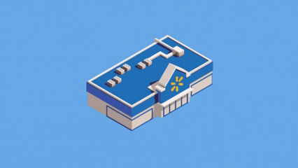 Animated lines radiate from the sides of an illustrated Walmart store.