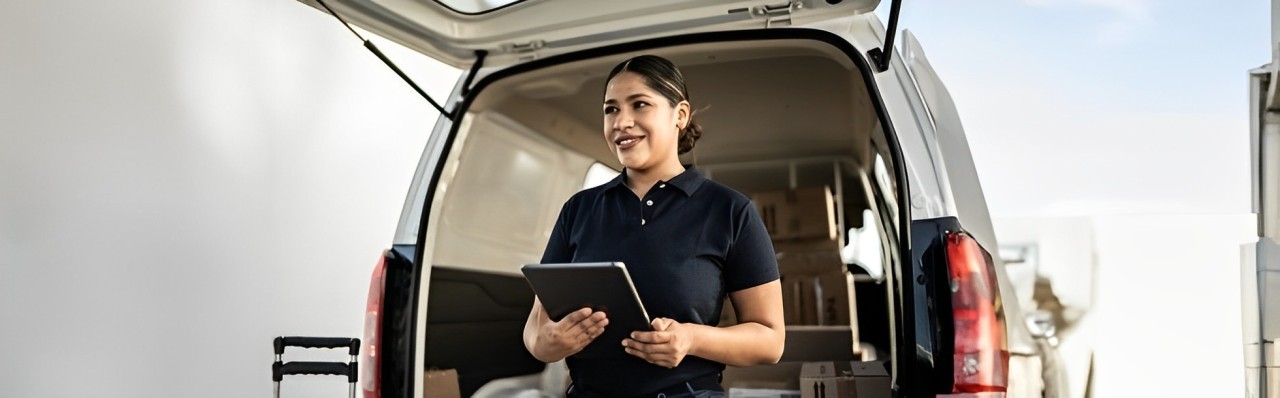 A female delivery person, smiling and holding a clipboard.