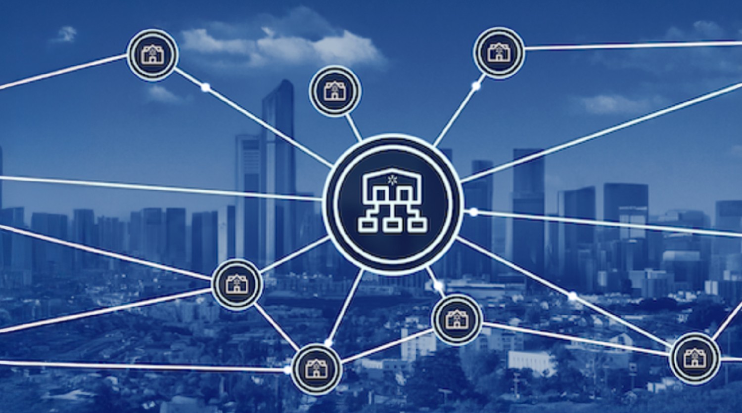 The image shows a graphic of an interconnected web depicting Walmart’s retail ecosystem that offers a seamless omni-channel experience. The background of the image is a panoramic shot of a city landscape.