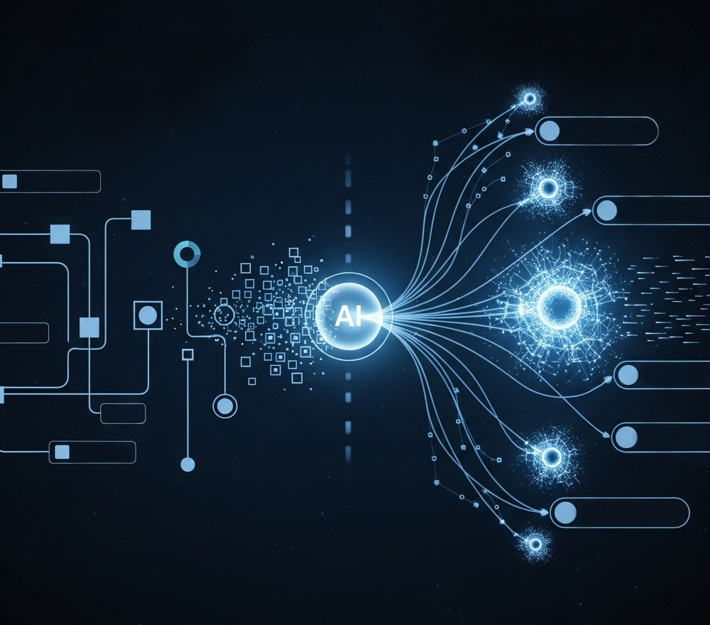 An illustration shows a central "AI" node linking abstract circuit patterns on the left with neural network structures on the right.