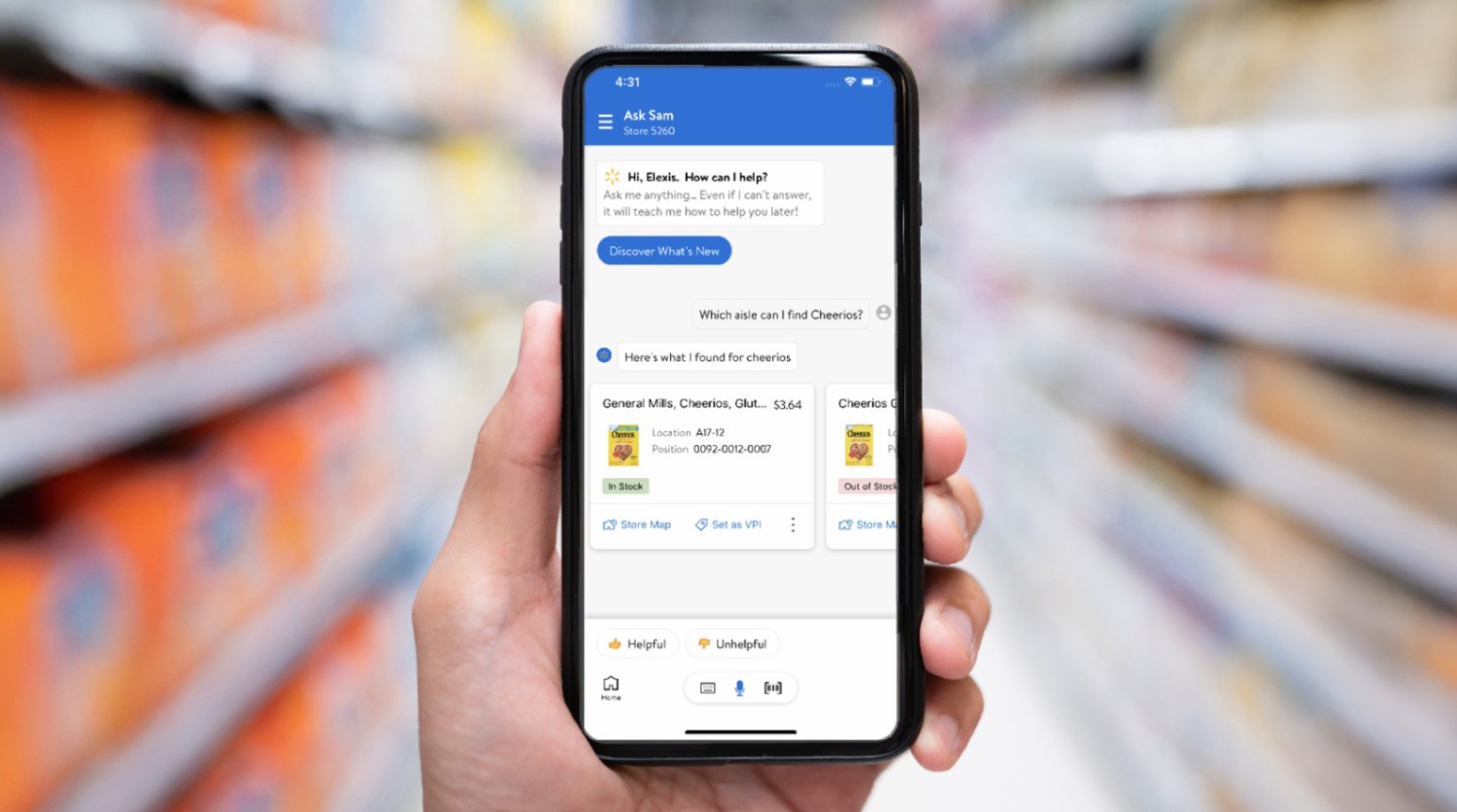Phone screen showing Walmart’s Conversational AI platform, Converse, in action on the Ask Sam app, assisting with a query.