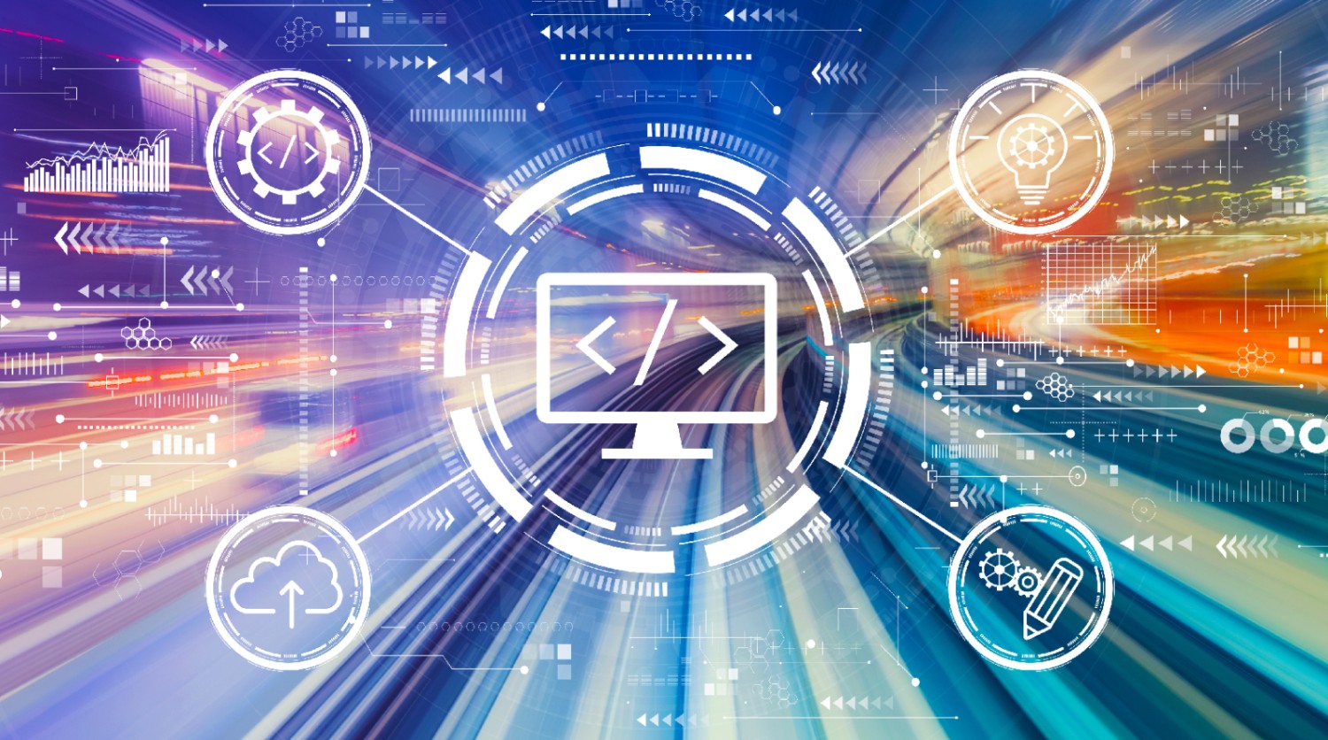 The image shows a fast-paced digital world with a central computer icon surrounded by symbols for cloud computing, innovation and design.