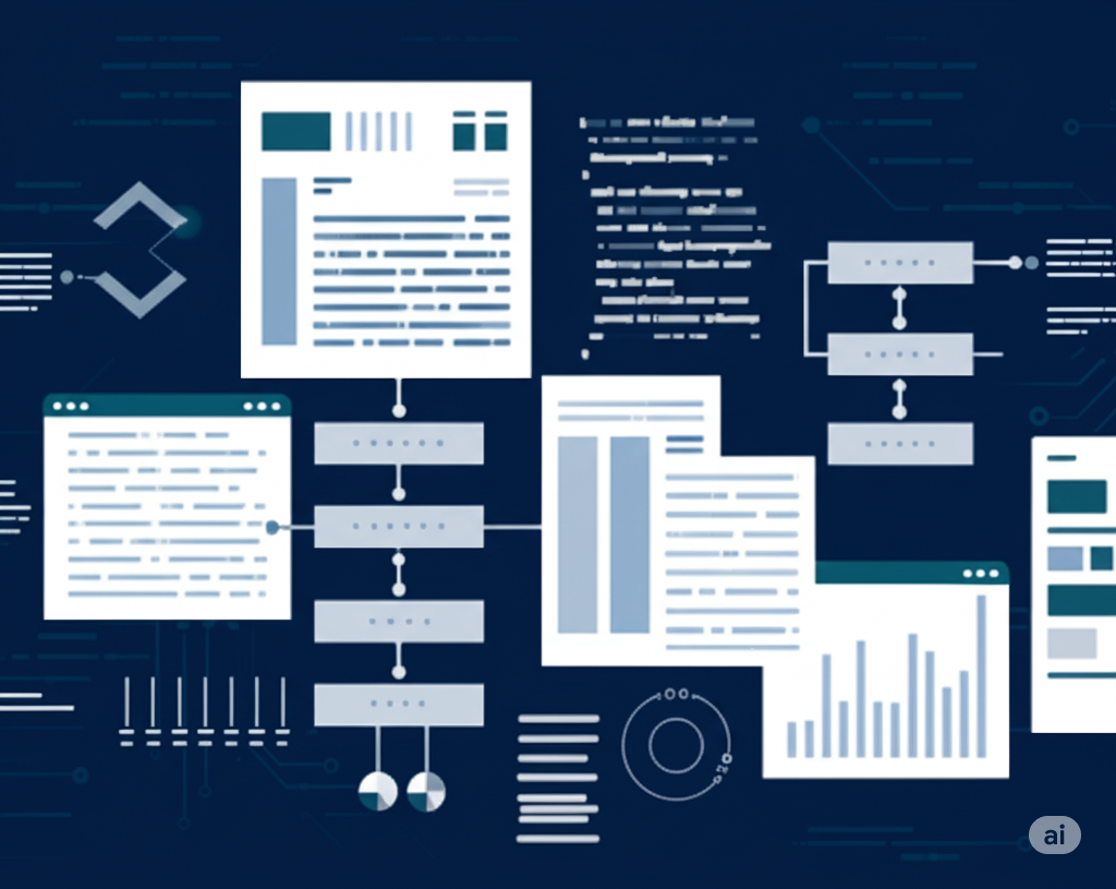 A schematic diagram shows interconnected text boxes, flowcharts, and data visualizations like bar and pie charts. on a dark blue background.
