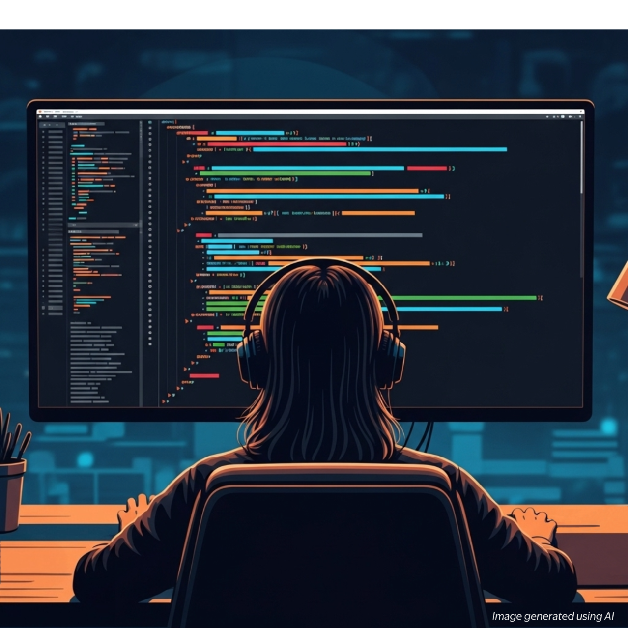 AI-generated illustration of a woman wearing headphones, coding on a large monitor with colorful lines of code.