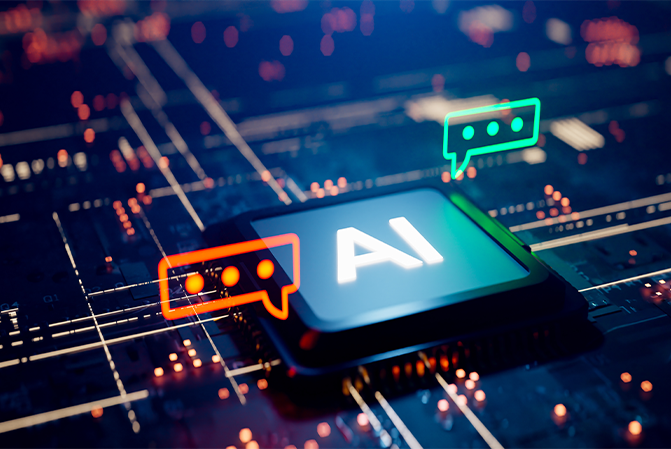 A motherboard with a button with the word ‘AI’ on it. There are two chat symbols hovering above the button.