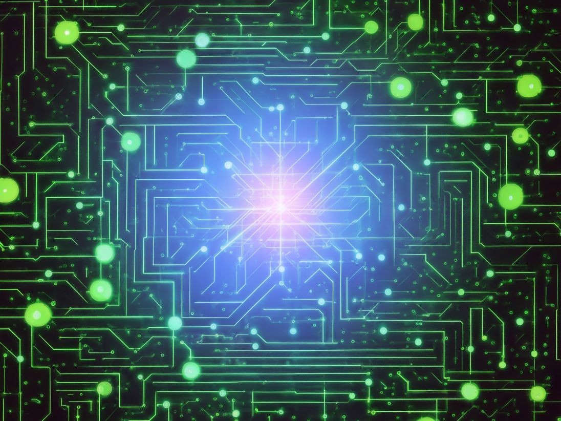 Graphic showing a futuristic green circuit board with a bright blue light in the middle.