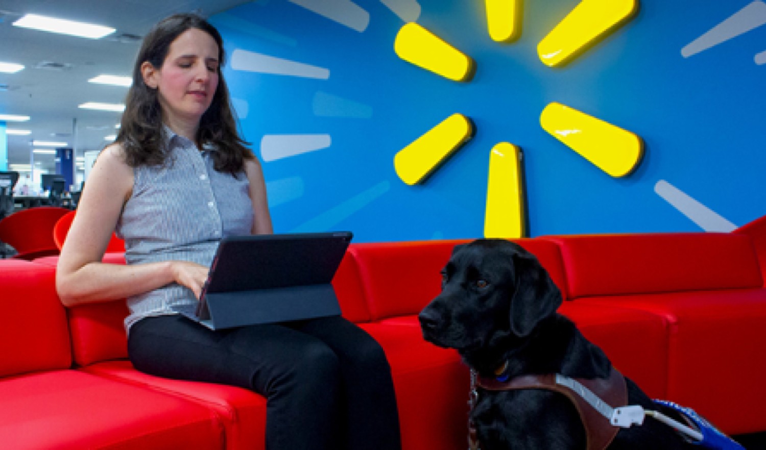 A differently-abled woman working on a laptop, a seated assistance dog, Walmart logo in the background