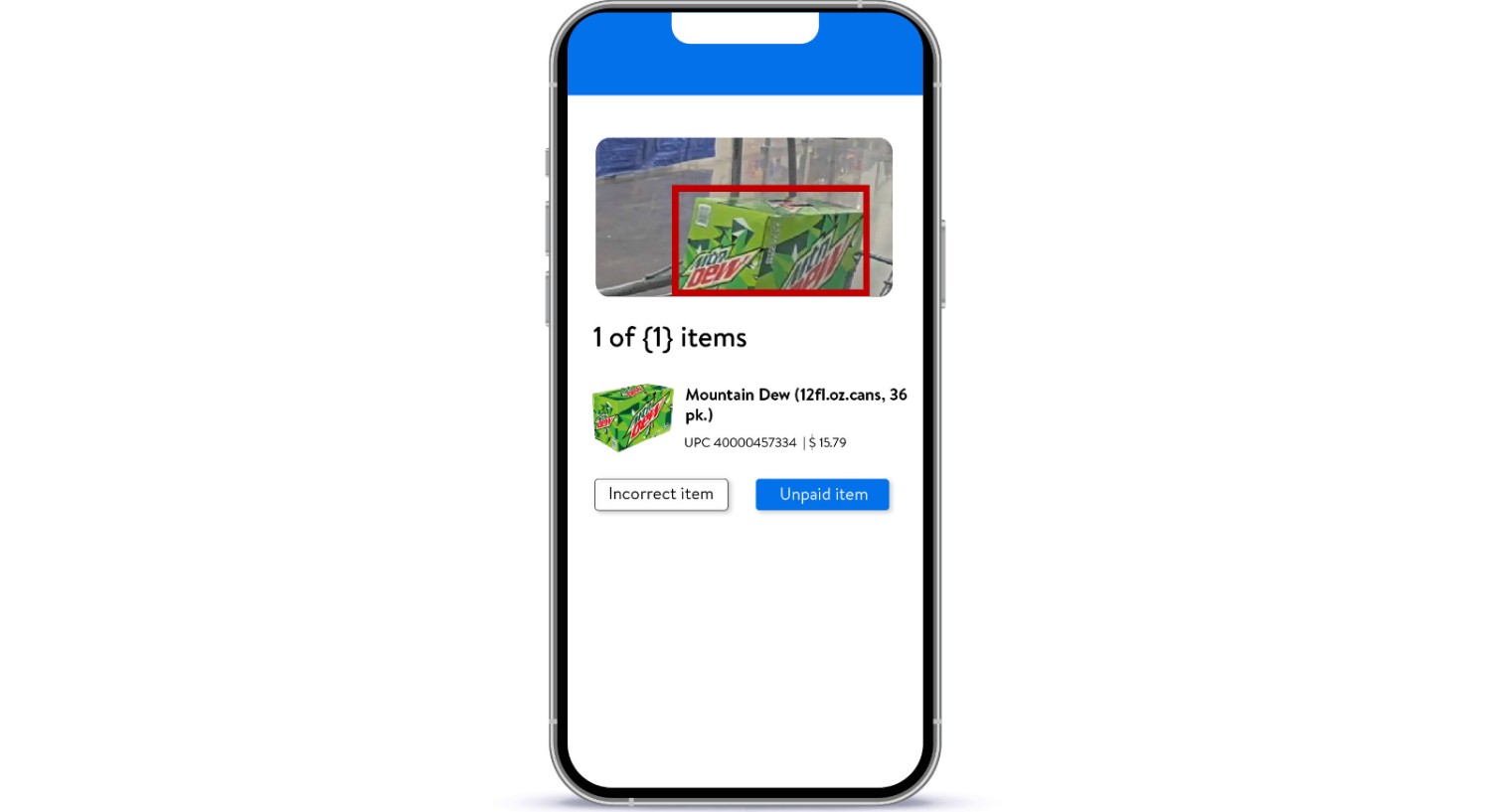 The image is a screenshot of the in-app verification of a pack of flavored soda. Product details like the product ID and price are displayed. There are two buttons with the text: “Incorrect item”; “Unpaid item”.