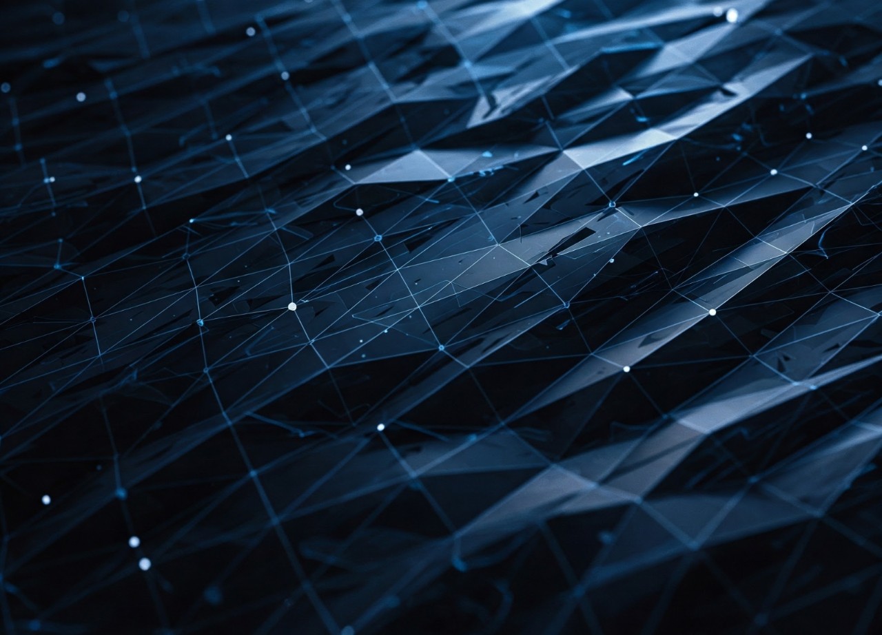 Graphic showing abstract polygonal network a dark background.