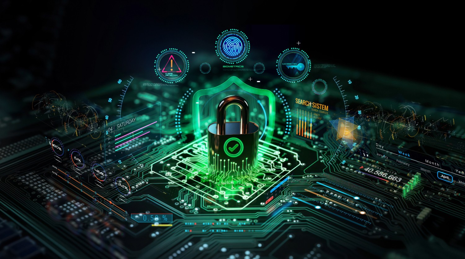 Motherboard with a lock and fingerprint, symbolizing data security.