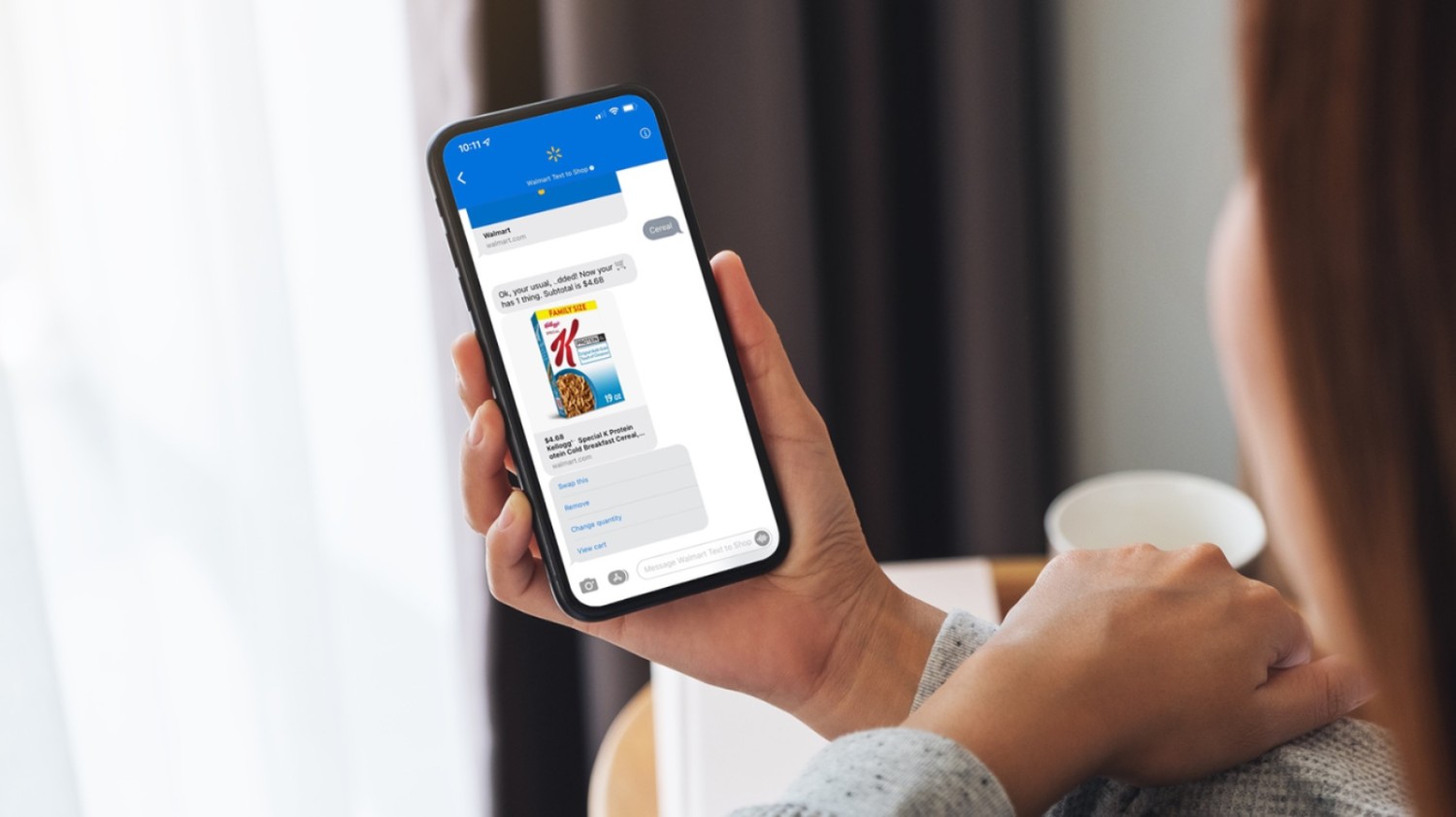 A customer is texting Walmart on their phone about adding a grocery item to their cart.