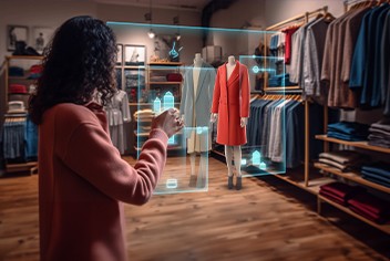 A customer stands in a clothing store, browsing through different clothing options on a projected augmented reality screen.