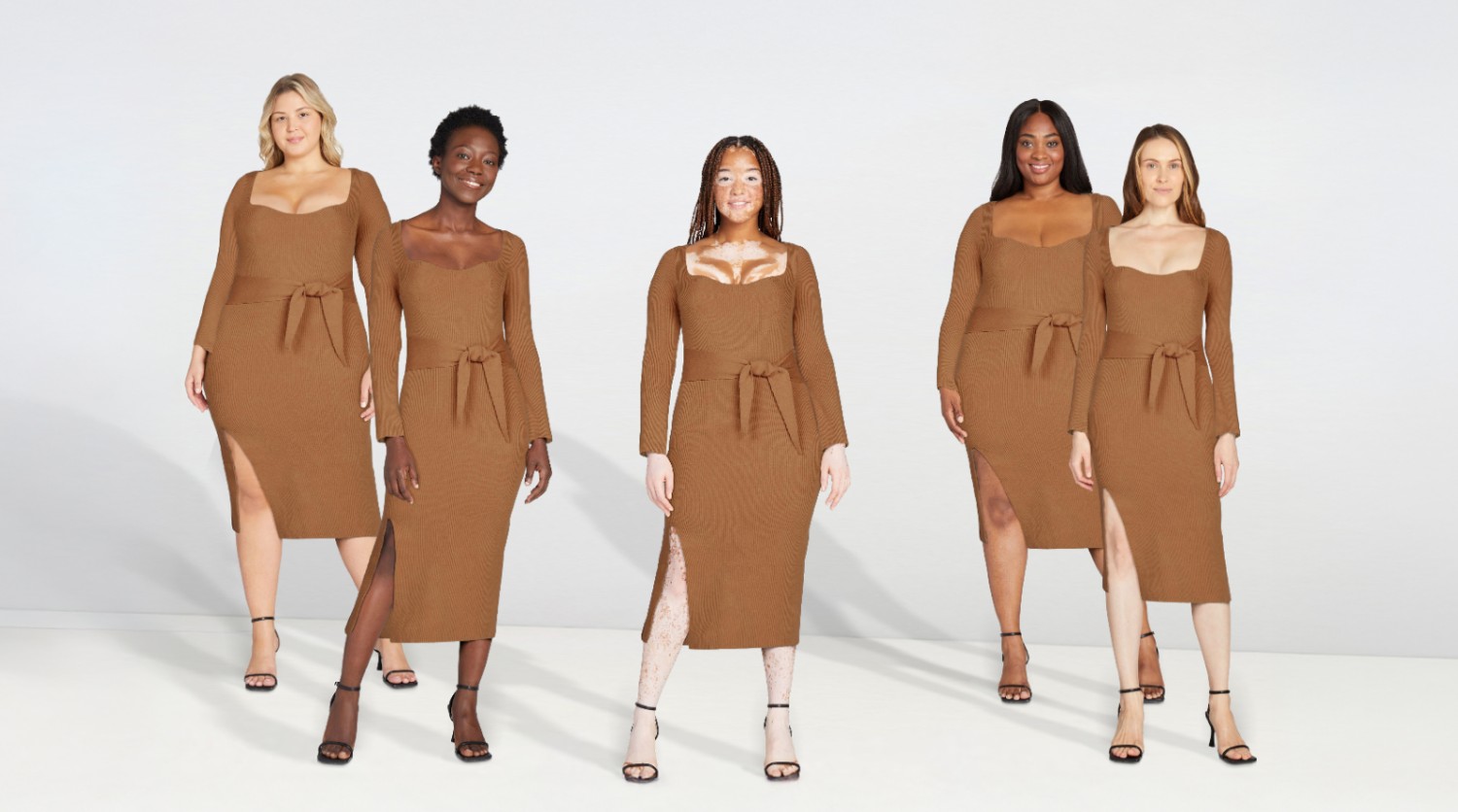 Multiple models displaying the same dress on the app's Choose My Model feature, highlighting diverse body shapes and skin tones.