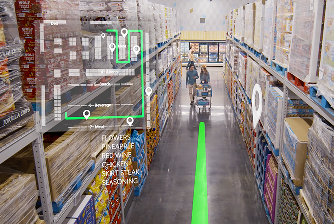 Inventory management depicted through a set of graphics overlayed on a picture of an aisle at a Sam’s Club store. The graphic shows the store layout and mentions the names of a few products.