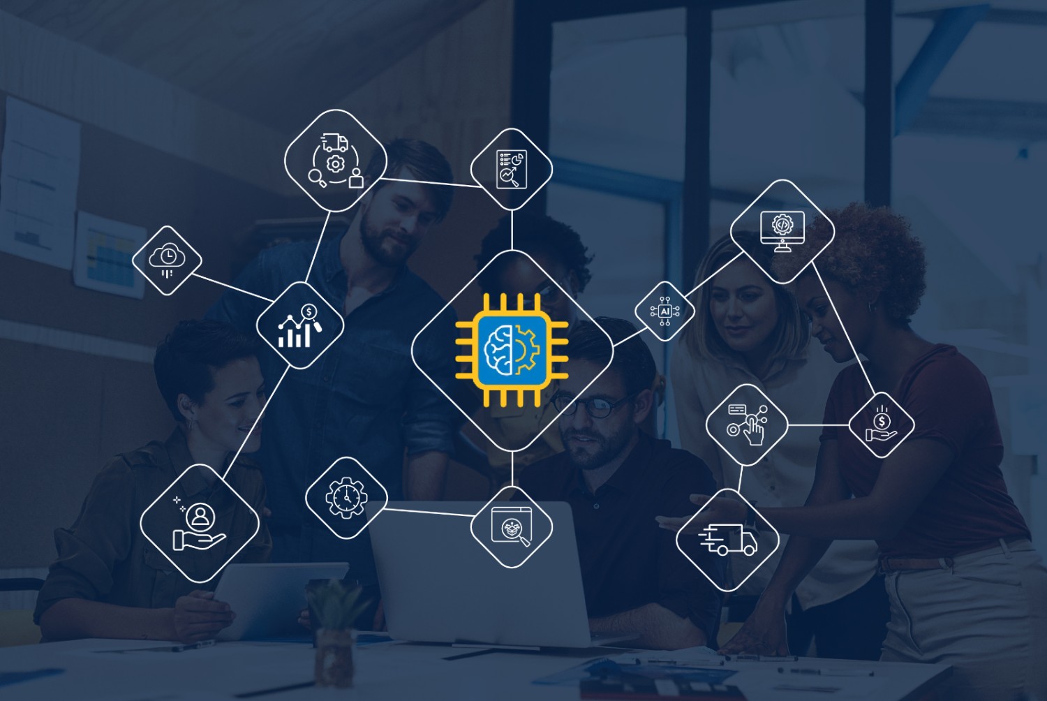 This image has the Element logo in the center surrounded by icons depicting the platform’s benefits. Background shows 5 people working together around a laptop.