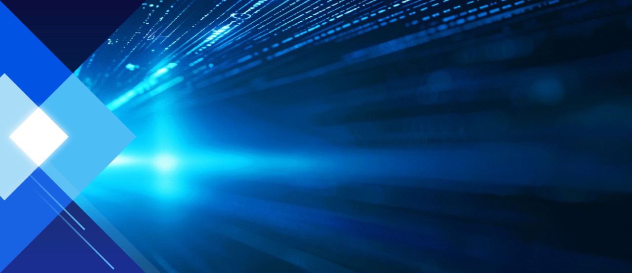 Image shows a bright blue light source in the center, with blue and white geometric shapes on the left side and streaks of light extending to the right.