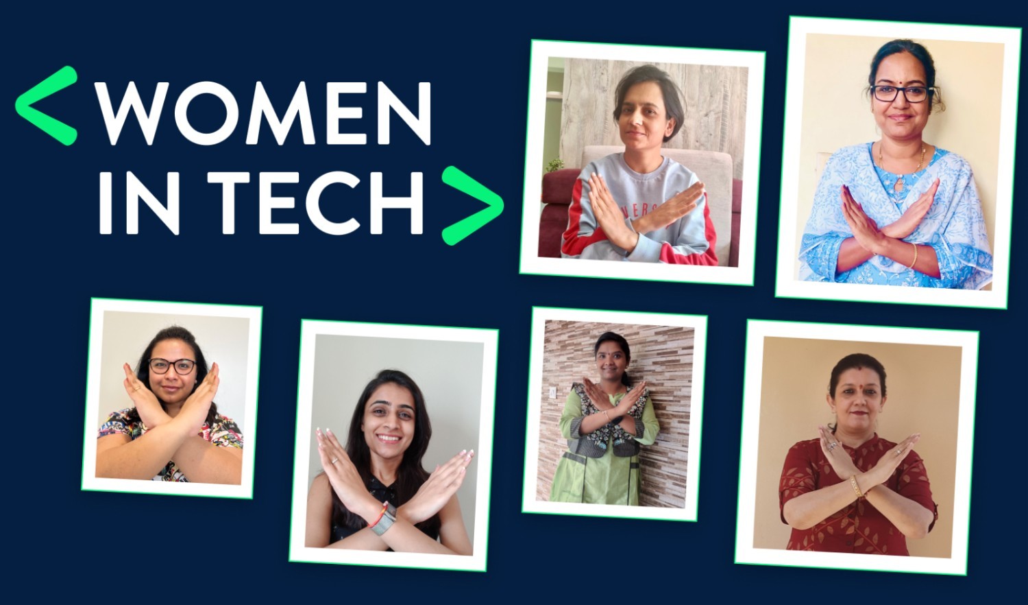 A blue banner with the inset pictures of six women crossing their hands to form X symbol with the text ‘Women in Tech’